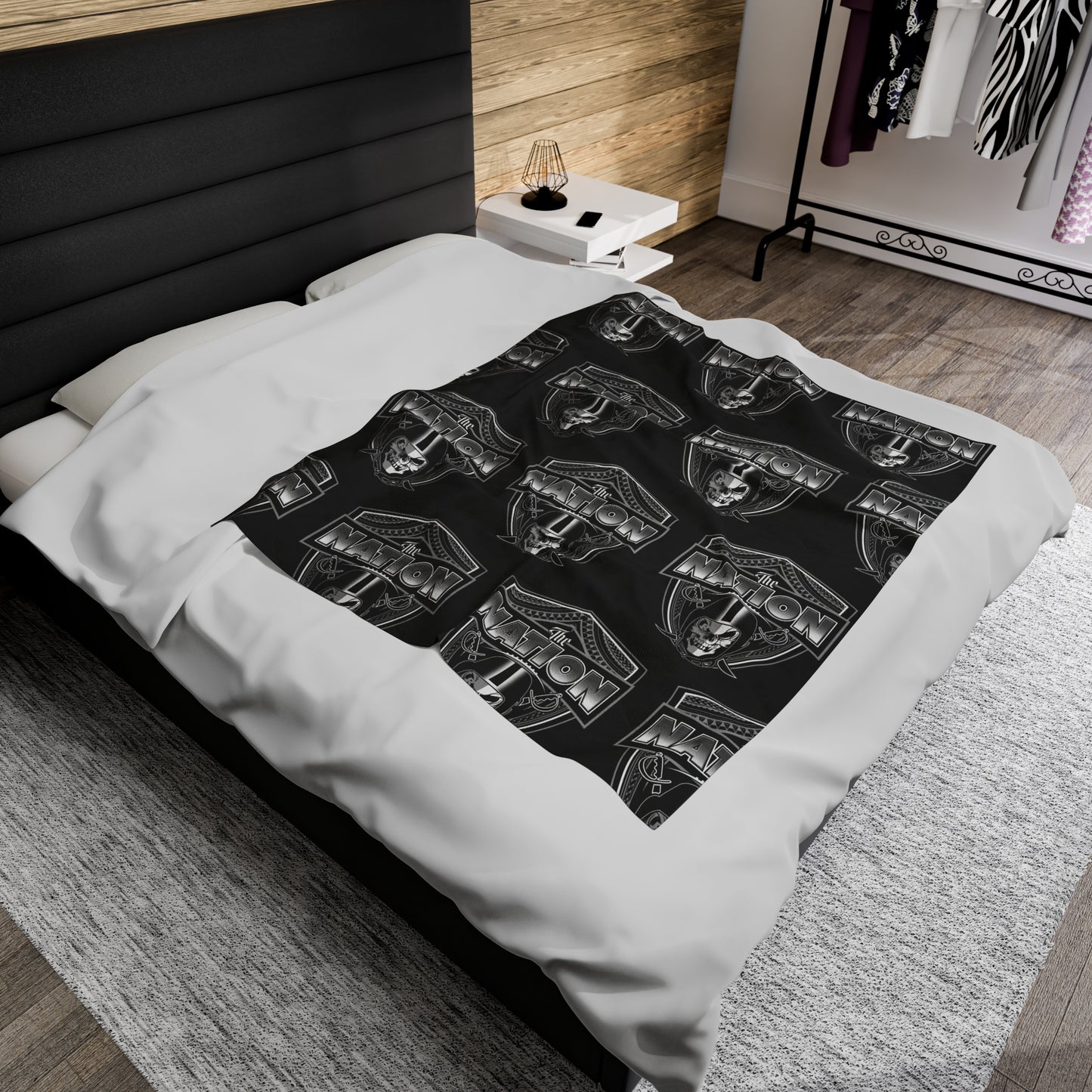 THE NATION TRIBAL Velveteen Plush Blanket, Black Skull Raiders Tribal
