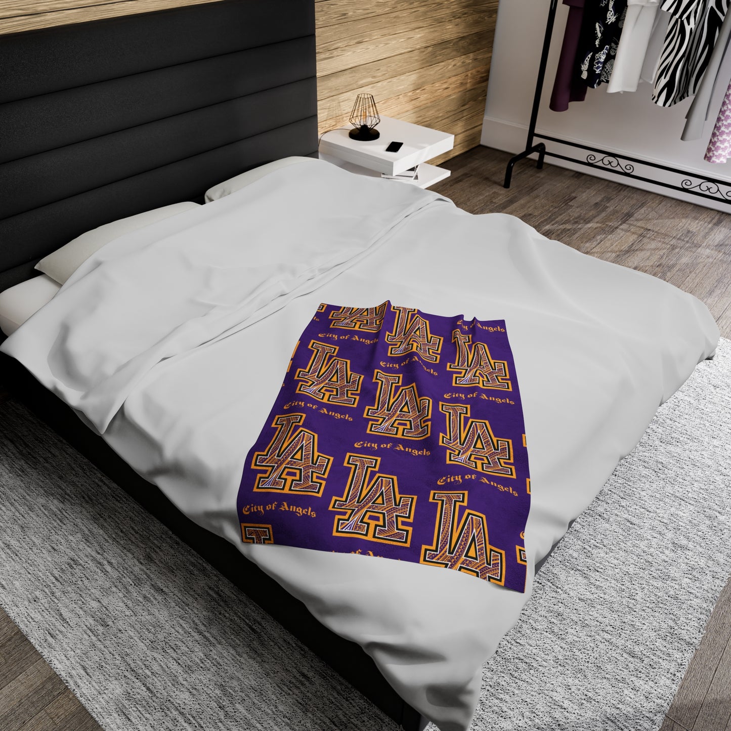 LA TRIBAL Velveteen Plush Blanket, Purple Lakers Dodgers Mix