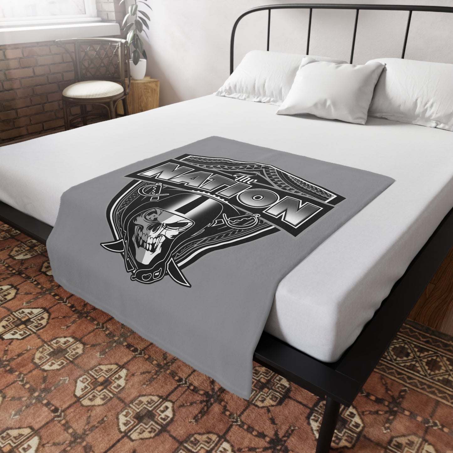 THE NATION Plush Fleece Blanket, Gray Skull Raiders Tribal Design