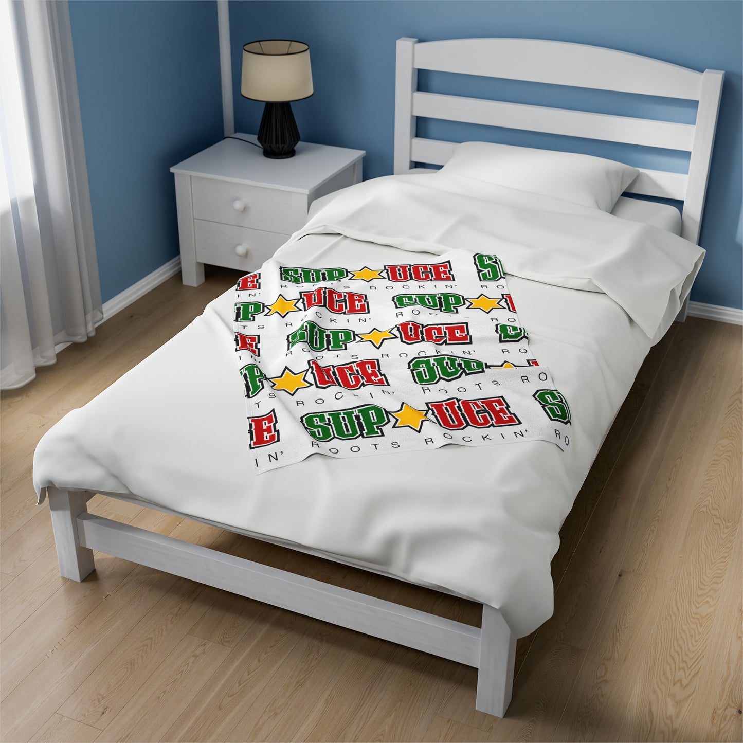 SUP UCE ROOTS Velveteen Plush Blanket, White Sup Uce Reggae Colors