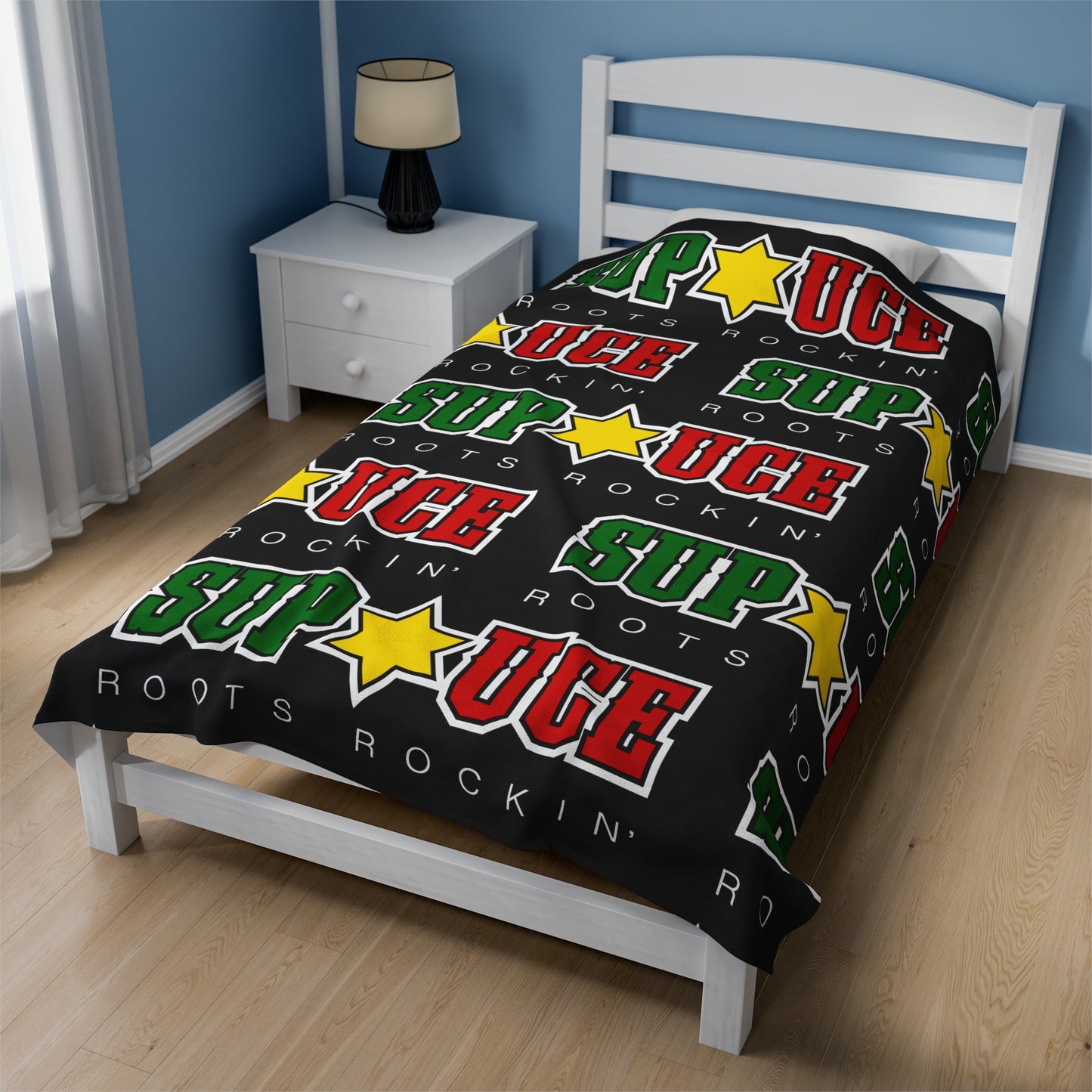 SUP UCE ROOTS Velveteen Plush Blanket, Black Sup Uce Reggae Colors