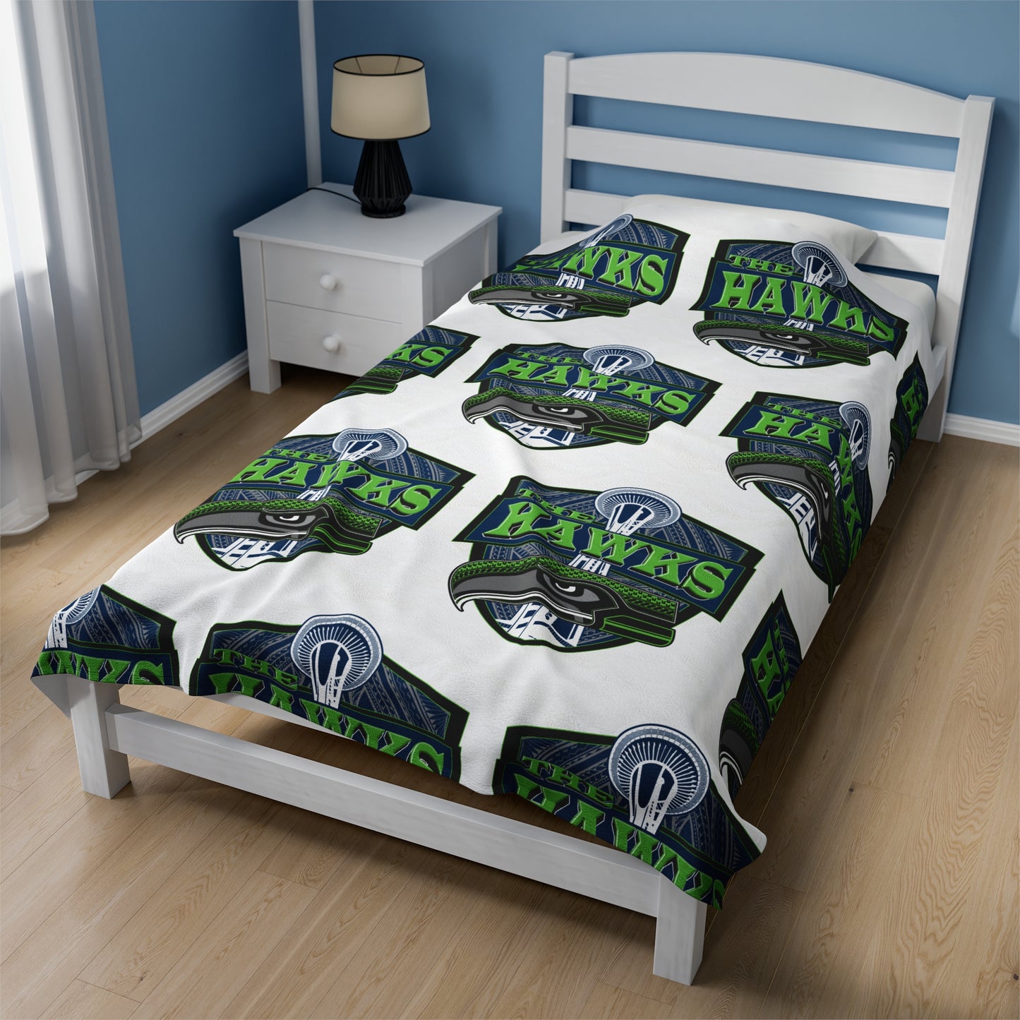 THE HAWKS Velveteen Plush Blanket, White Hawks Custom Tribal