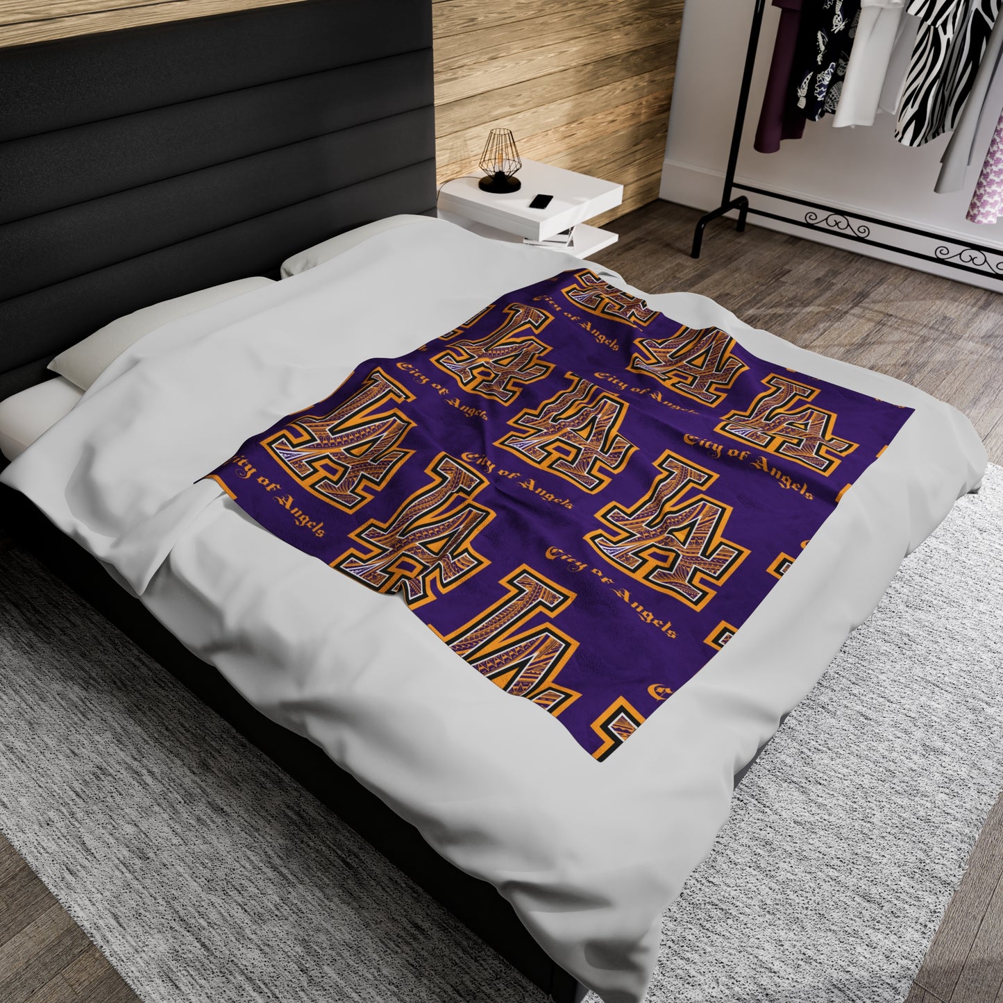 LA TRIBAL Velveteen Plush Blanket, Purple Lakers Dodgers Mix
