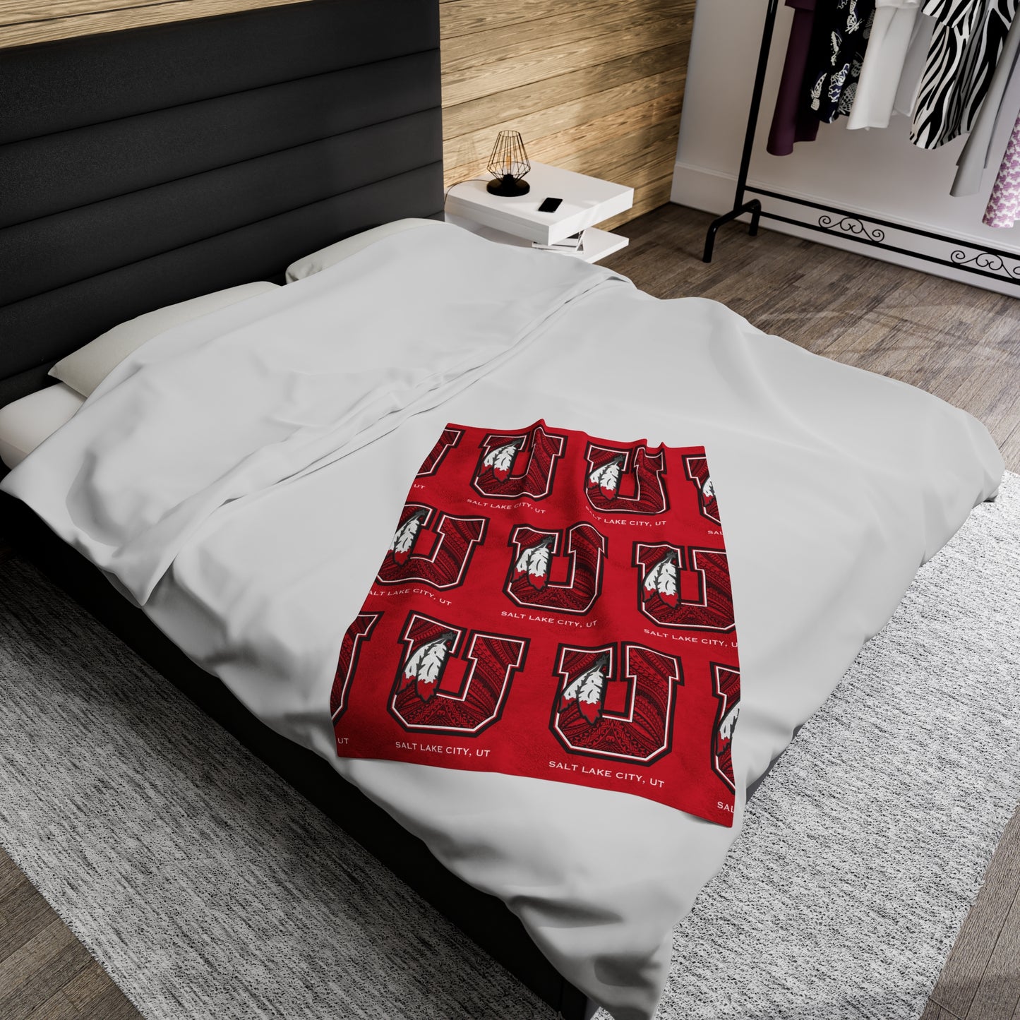 UTES TRIBAL Velveteen Plush Blanket, Red Utah Tribal Turf Design