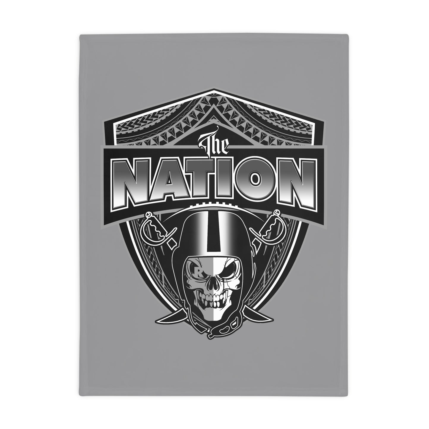 THE NATION Plush Fleece Blanket, Gray Skull Raiders Tribal Design