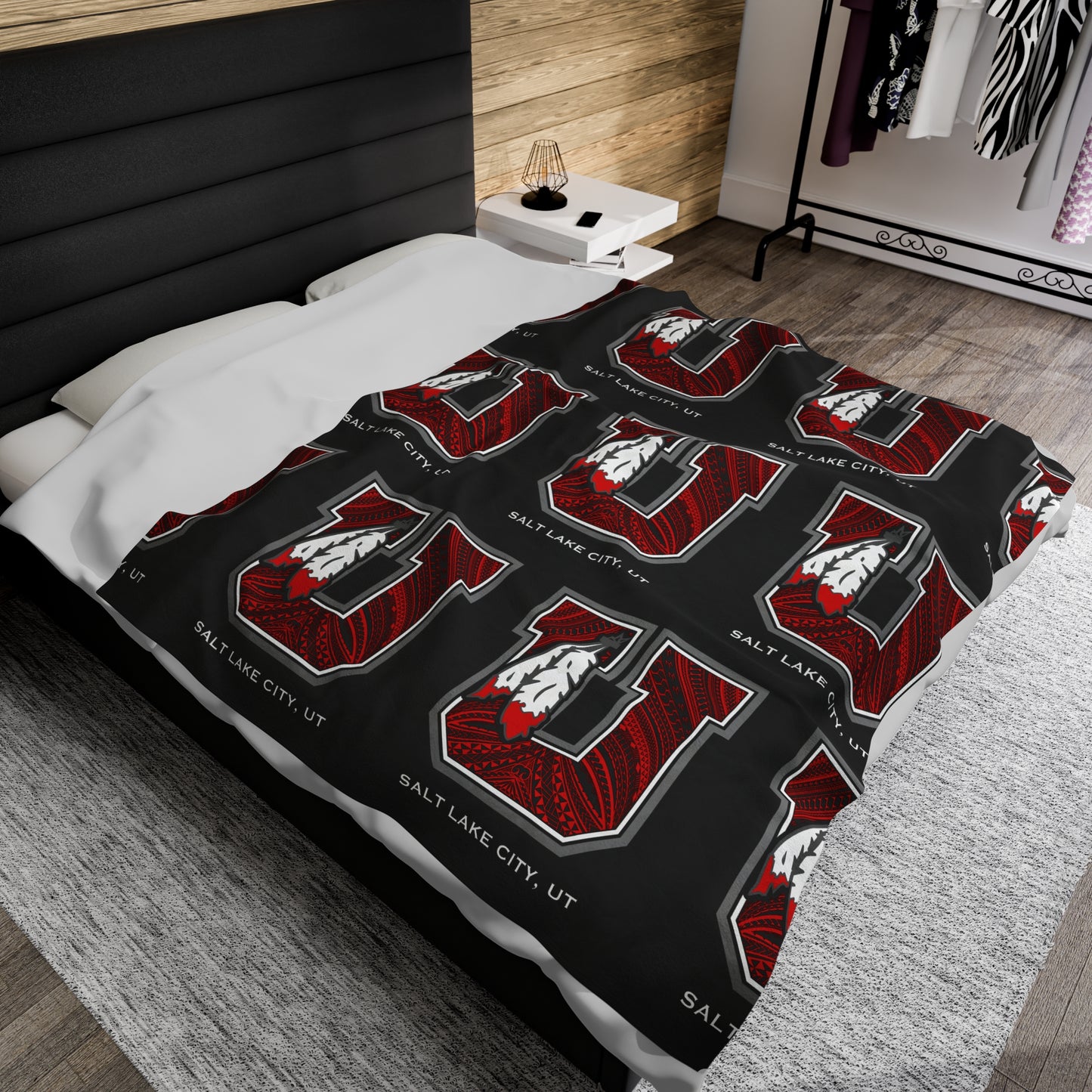 UTES TRIBAL Velveteen Plush Blanket, Black Utah Blackout Design