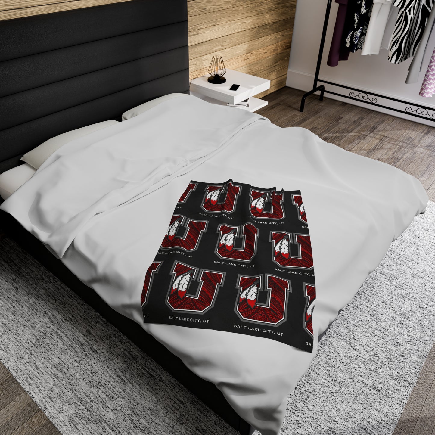UTES TRIBAL Velveteen Plush Blanket, Black Utah Blackout Design