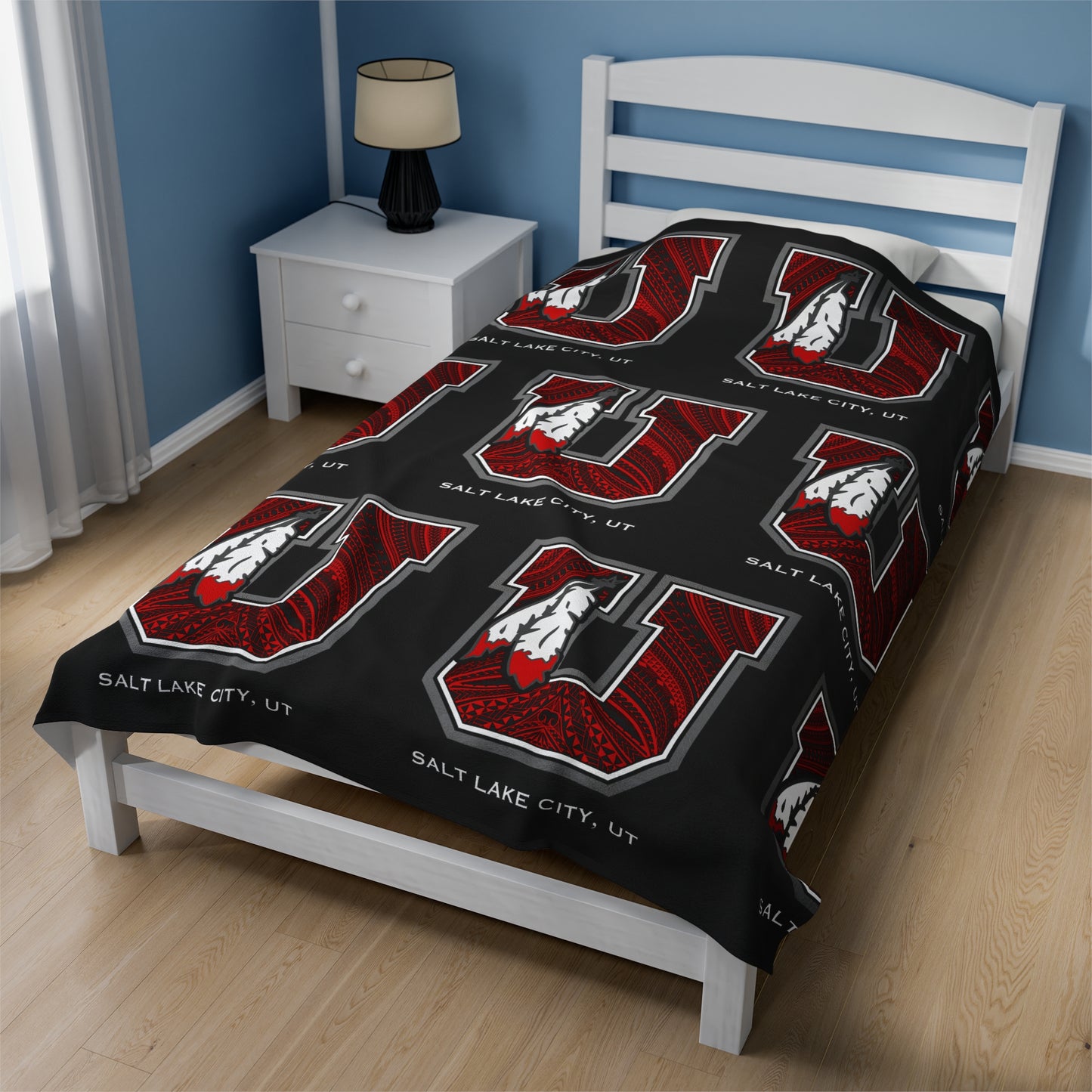 UTES TRIBAL Velveteen Plush Blanket, Black Utah Blackout Design