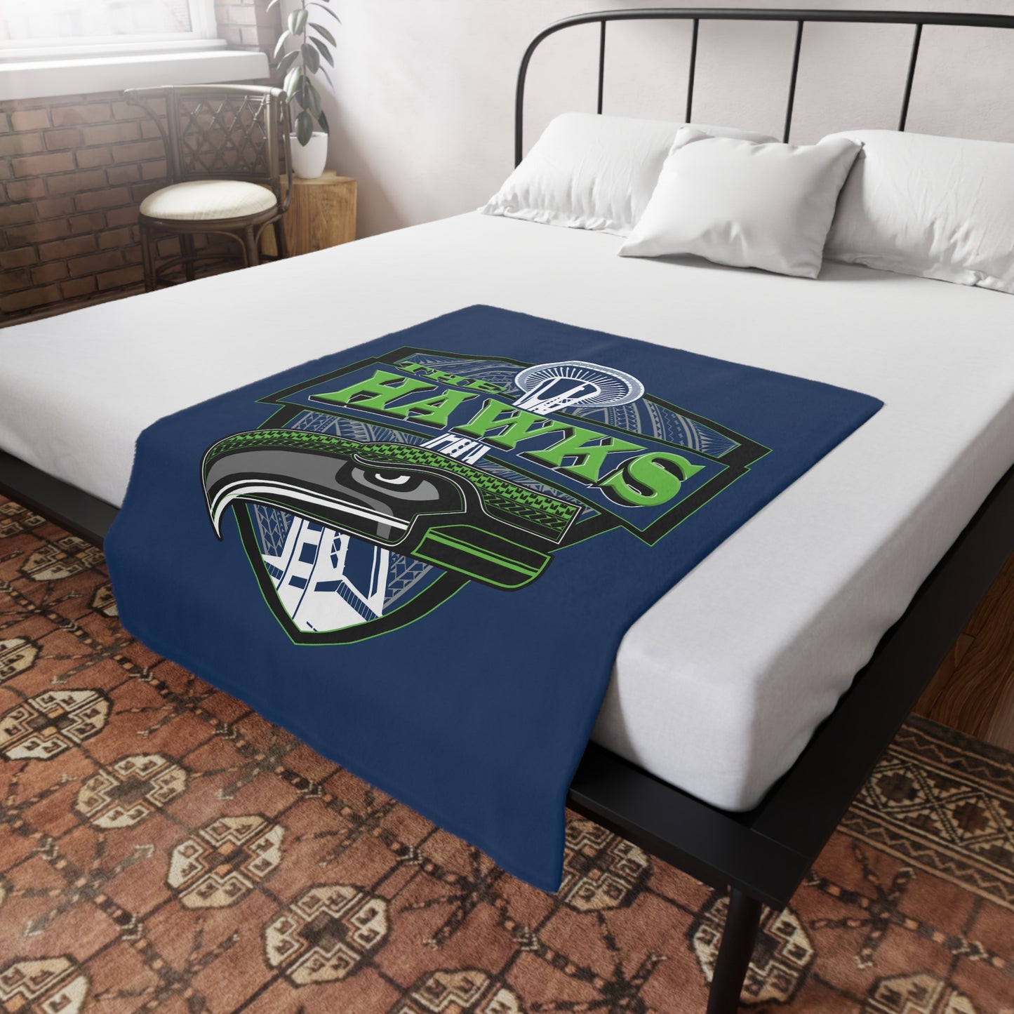 THE HAWKS Plush Fleece Blanket, Navy Tribal Hawks Design