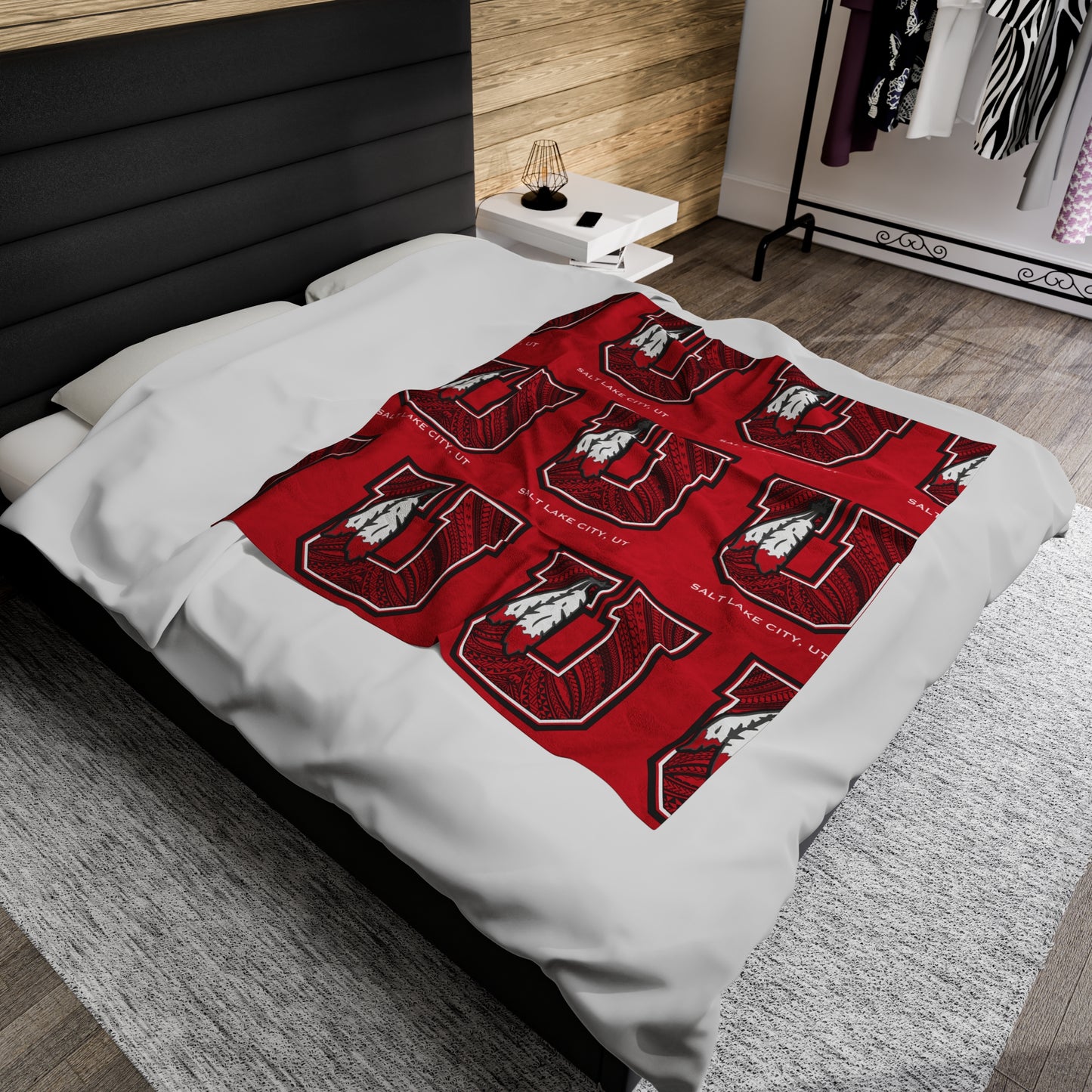 UTES TRIBAL Velveteen Plush Blanket, Red Utah Tribal Turf Design