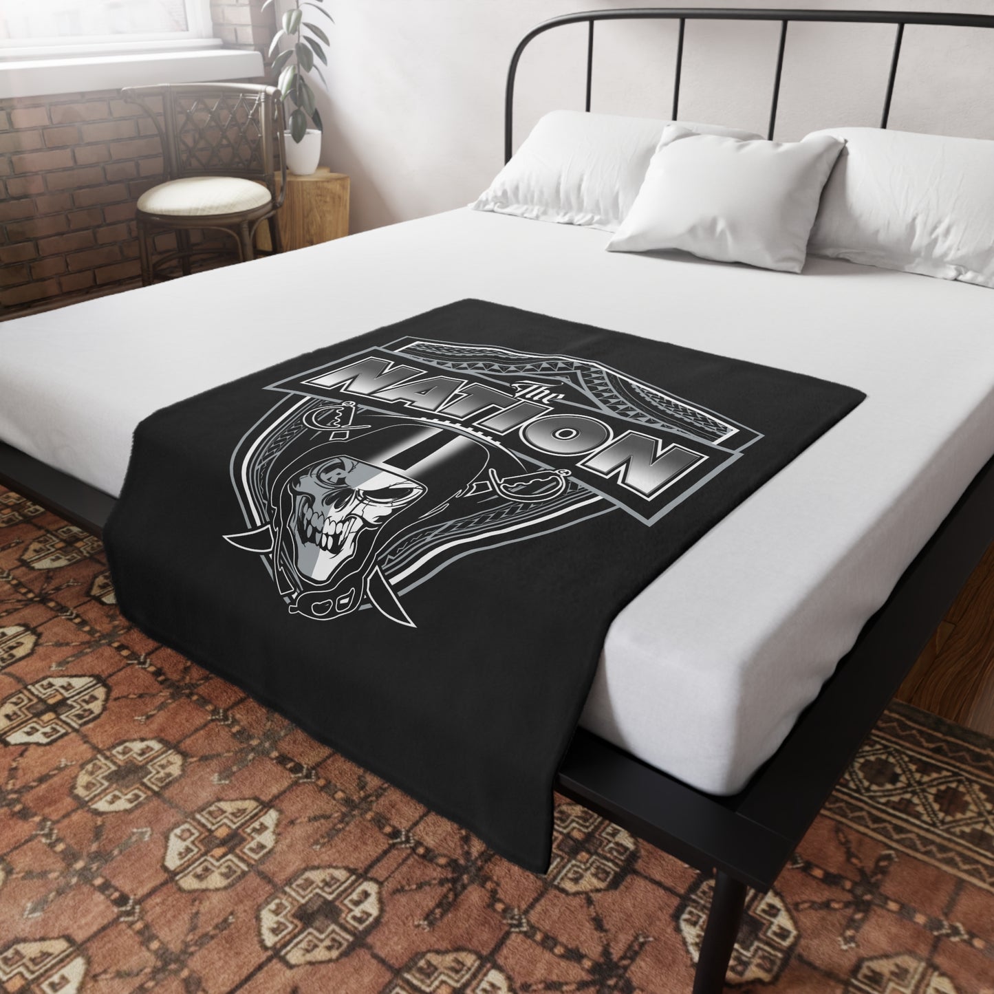 THE NATION Plush Fleece Blanket, Black Skull Nation Tribal Design