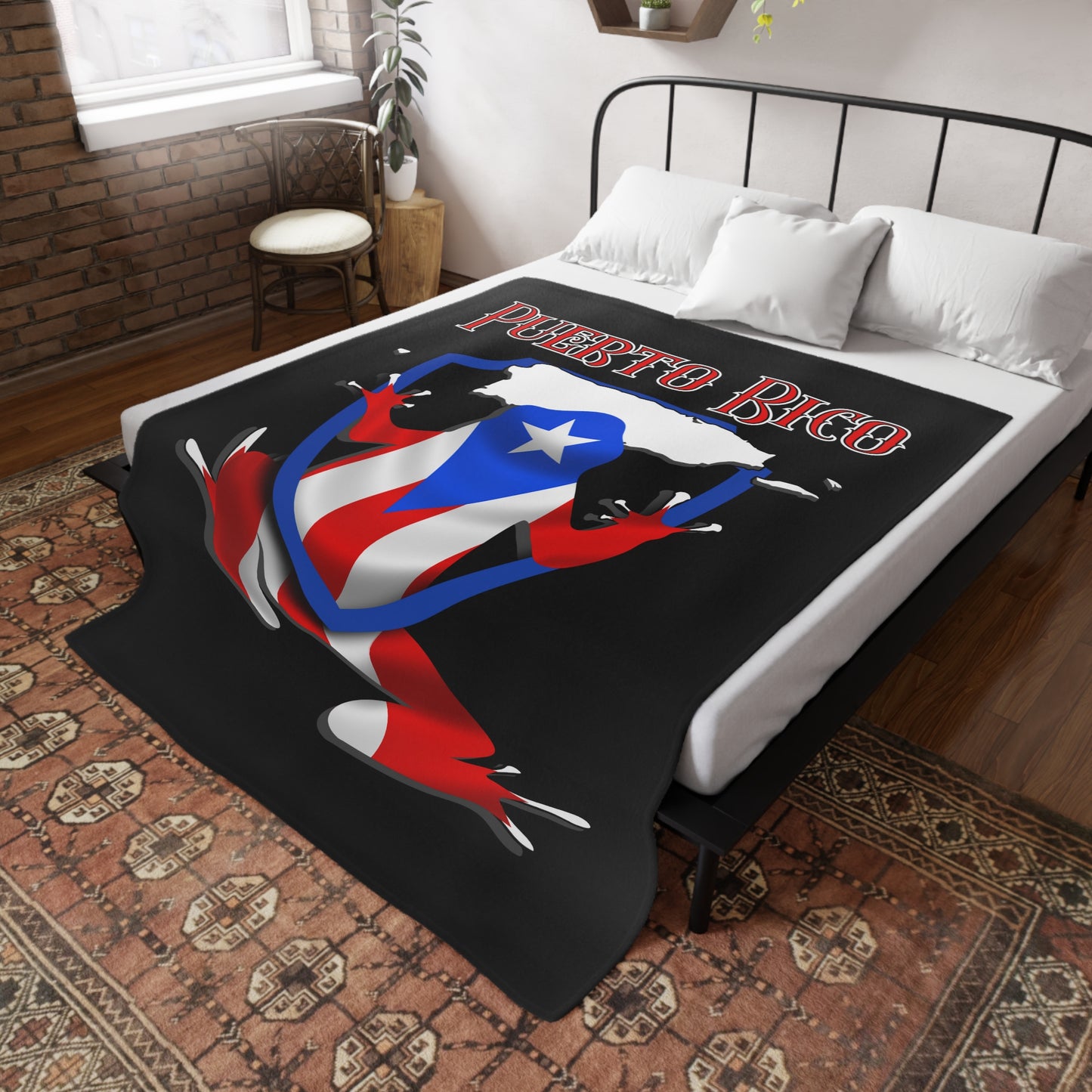 PUERTO RICO Plush Fleece Blanket, Black Custom Cokui Design