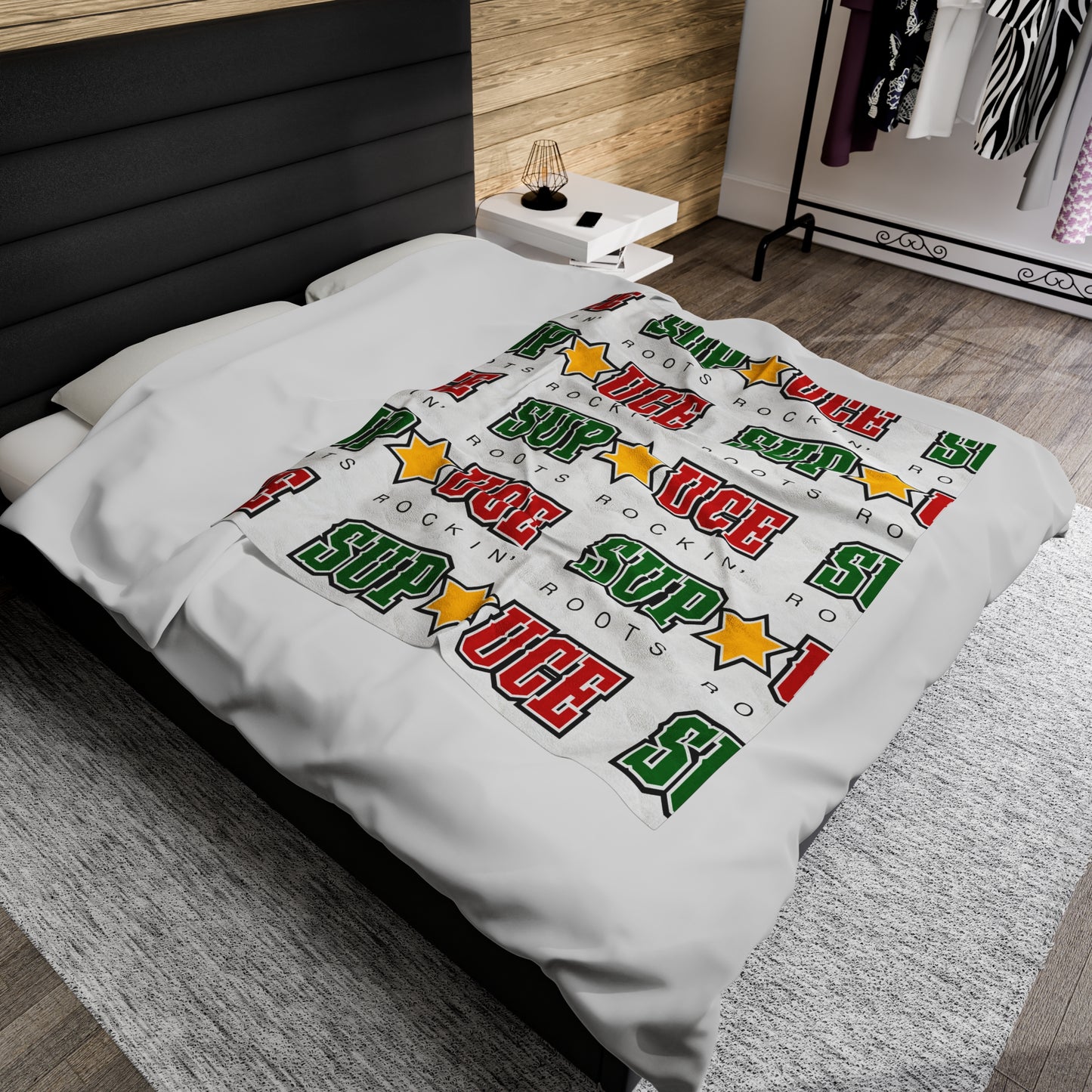 SUP UCE ROOTS Velveteen Plush Blanket, White Sup Uce Reggae Colors
