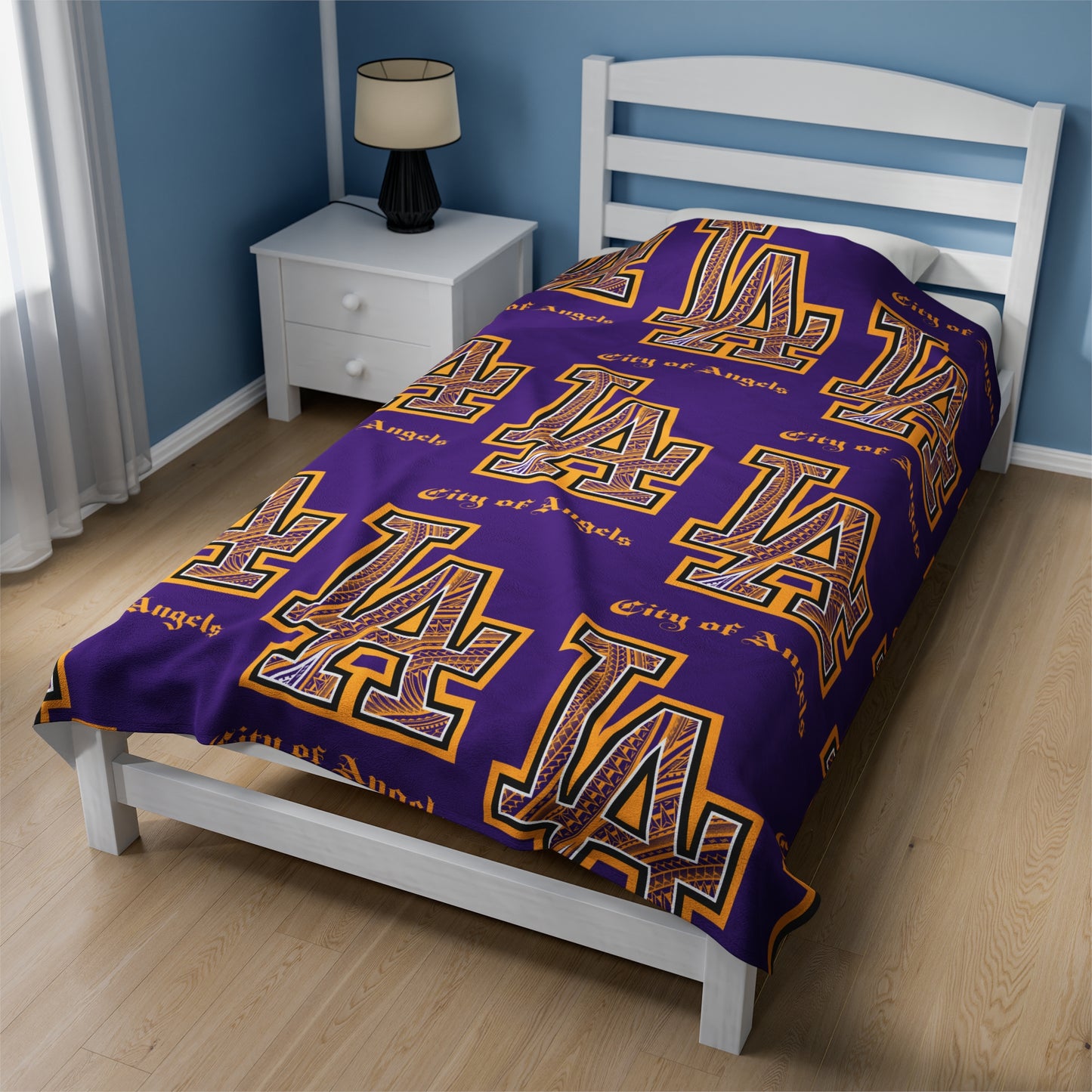 LA TRIBAL Velveteen Plush Blanket, Purple Lakers Dodgers Mix