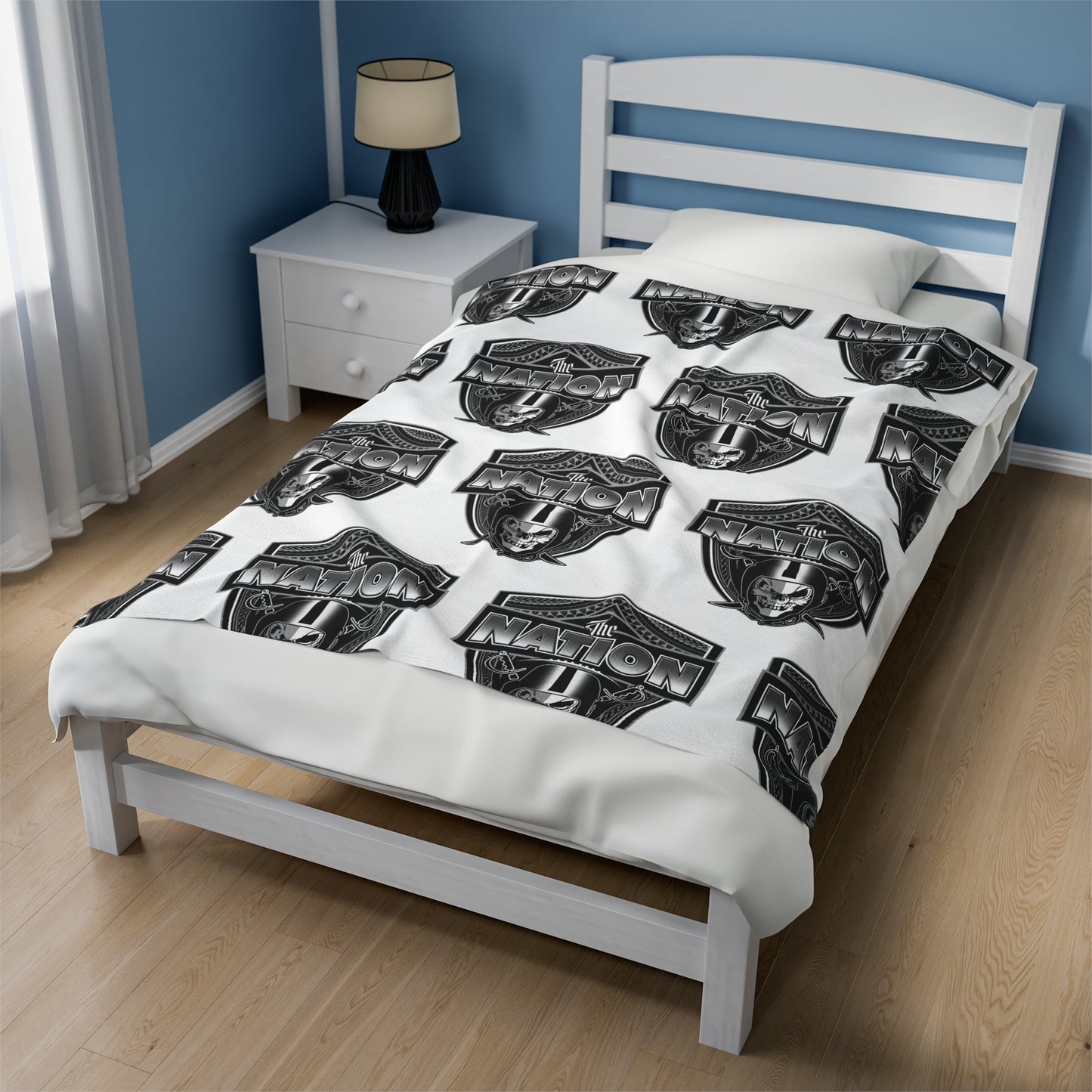 THE NATION TRIBAL Velveteen Plush Blanket, White Skull Raiders Tribal