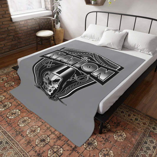 THE NATION Plush Fleece Blanket, Gray Skull Raiders Tribal Design