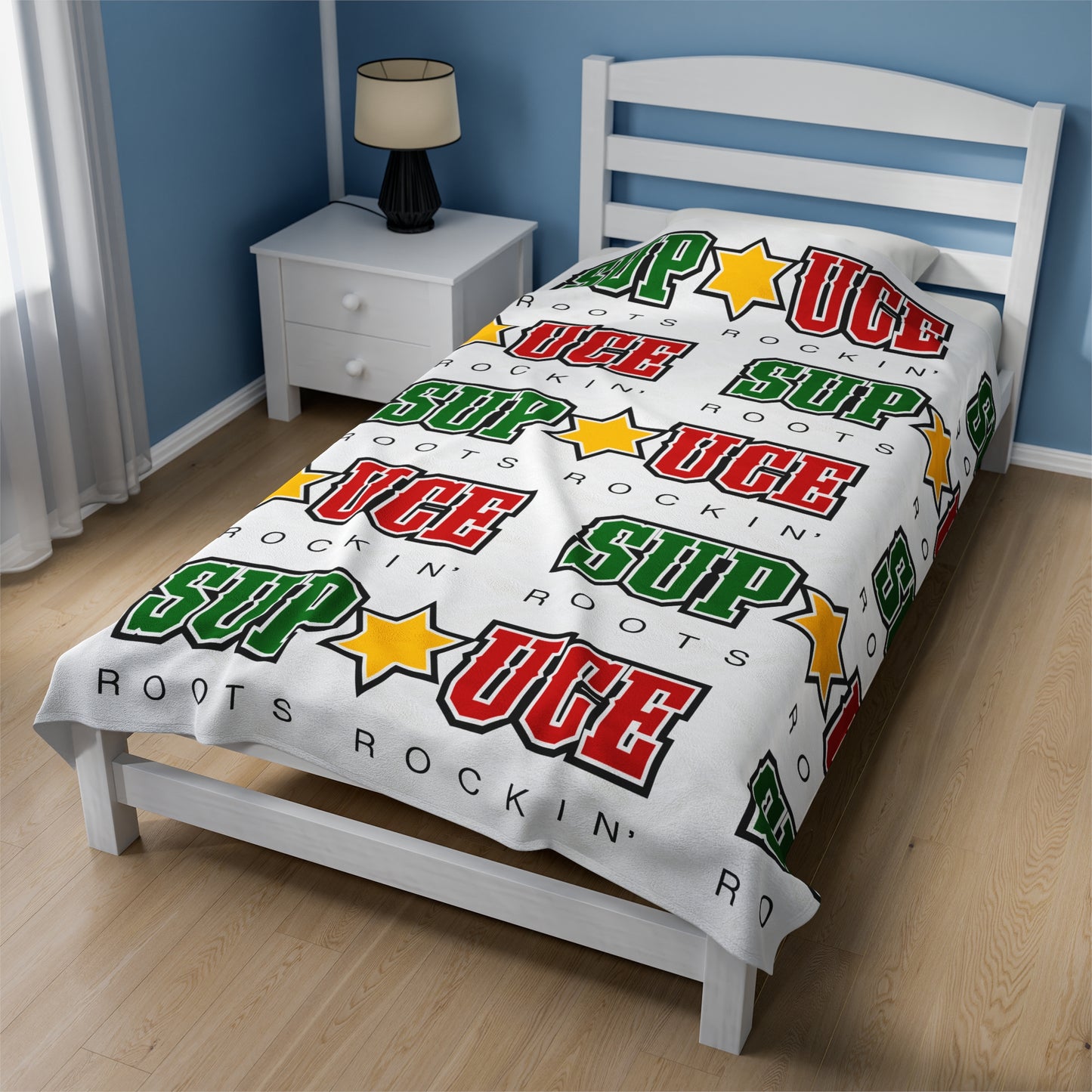 SUP UCE ROOTS Velveteen Plush Blanket, White Sup Uce Reggae Colors