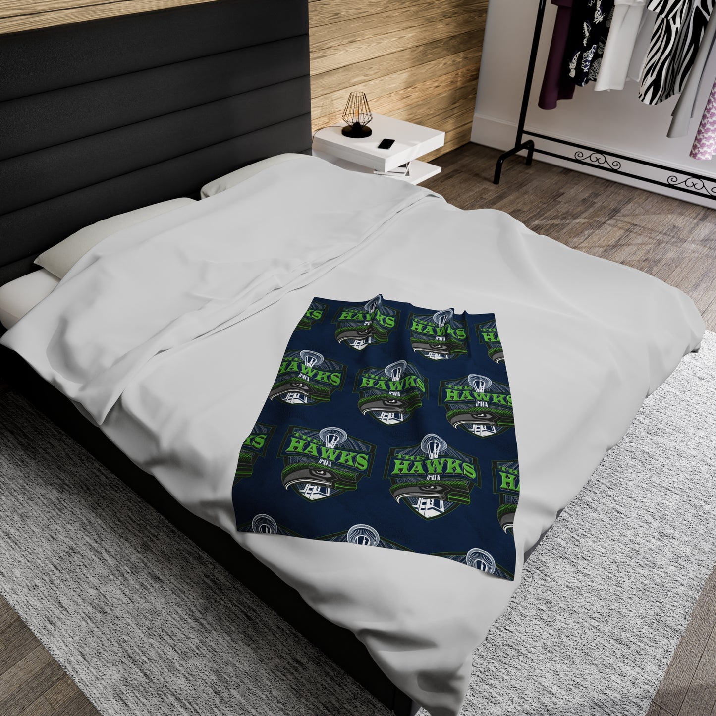 THE HAWKS Velveteen Plush Blanket, Navy Hawks Custom Tribal