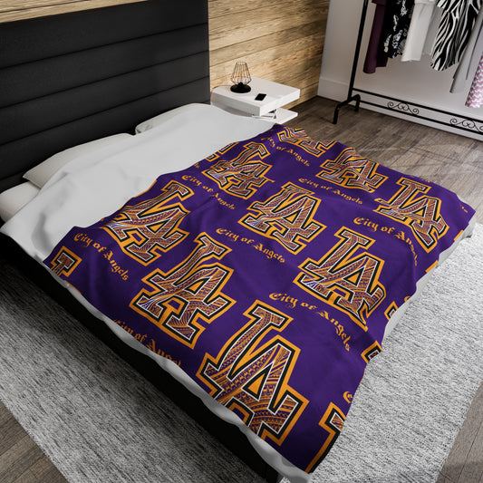 LA TRIBAL Velveteen Plush Blanket, Purple Lakers Dodgers Mix