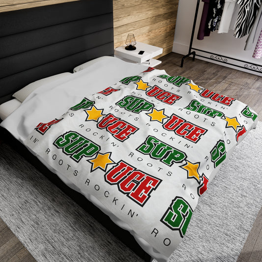 SUP UCE ROOTS Velveteen Plush Blanket, White Sup Uce Reggae Colors