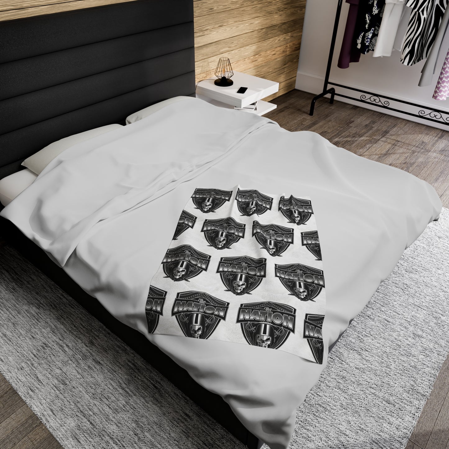 THE NATION TRIBAL Velveteen Plush Blanket, White Skull Raiders Tribal