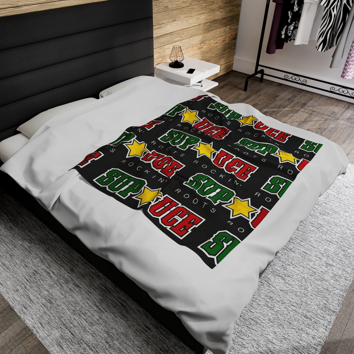 SUP UCE ROOTS Velveteen Plush Blanket, Black Sup Uce Reggae Colors