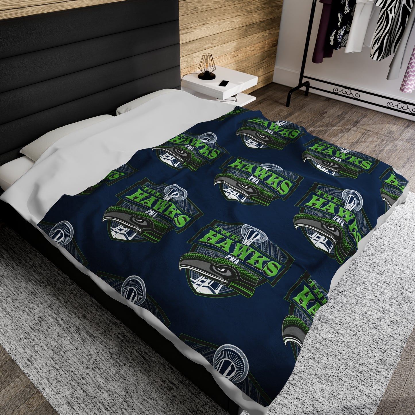 THE HAWKS Velveteen Plush Blanket, Navy Hawks Custom Tribal