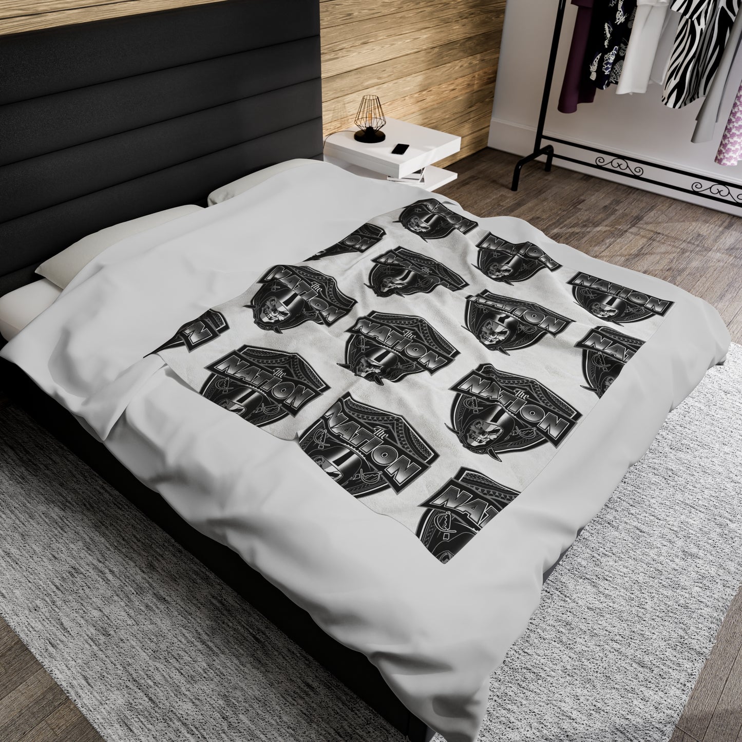 THE NATION TRIBAL Velveteen Plush Blanket, White Skull Raiders Tribal