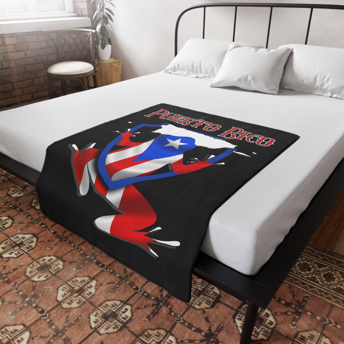 PUERTO RICO Plush Fleece Blanket, Black Custom Cokui Design