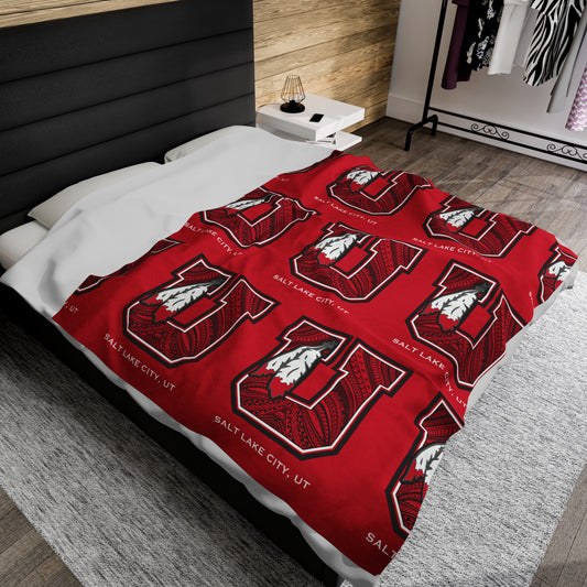 UTES TRIBAL Velveteen Plush Blanket, Red Utah Tribal Turf Design