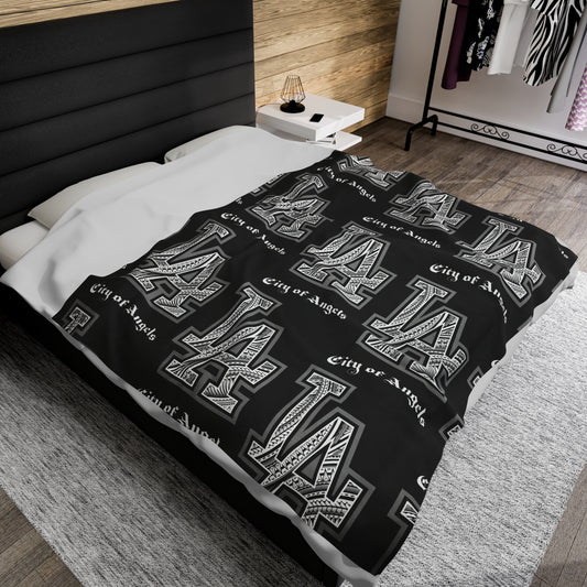 LA TRIBAL Velveteen Plush Blanket, Black City of Angels LA Tribal