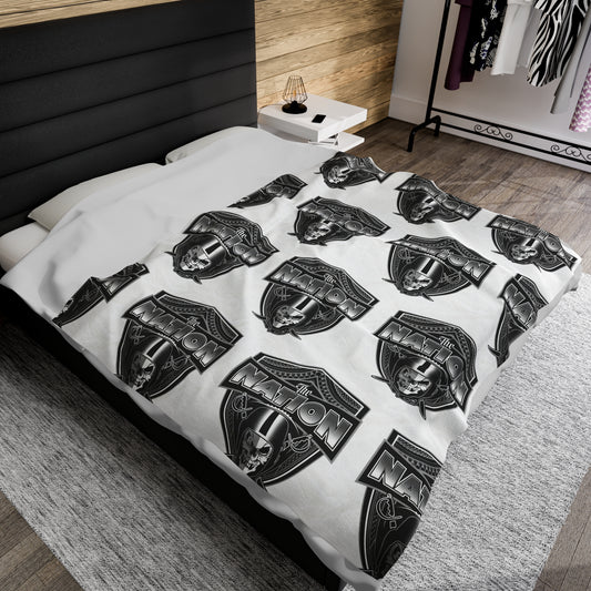 THE NATION TRIBAL Velveteen Plush Blanket, White Skull Raiders Tribal